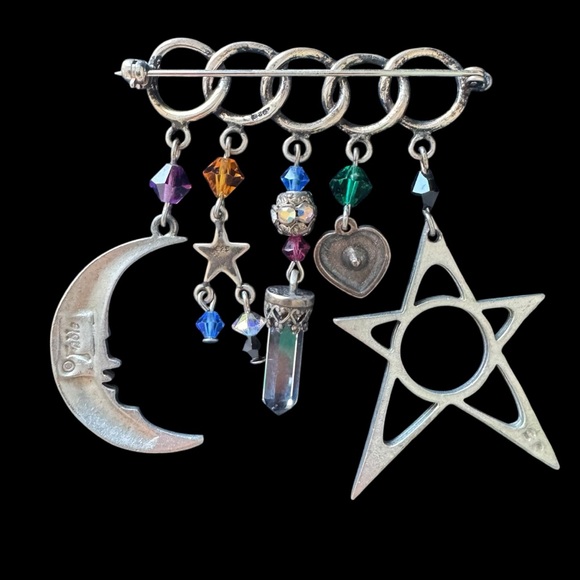 Vintage 90’s Silver Moon And Star Brooch Signed - Picture 9 of 9